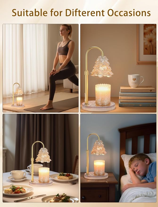 Candle Warmer Lamp with Timer & Dimmer, Crown Glass Lamp Candle Warmer for Jar Candles, 2 Bulbs, Height Adjustable Electric Wax Warmer for Elegant Home Decor (Golden Glow Tree)
