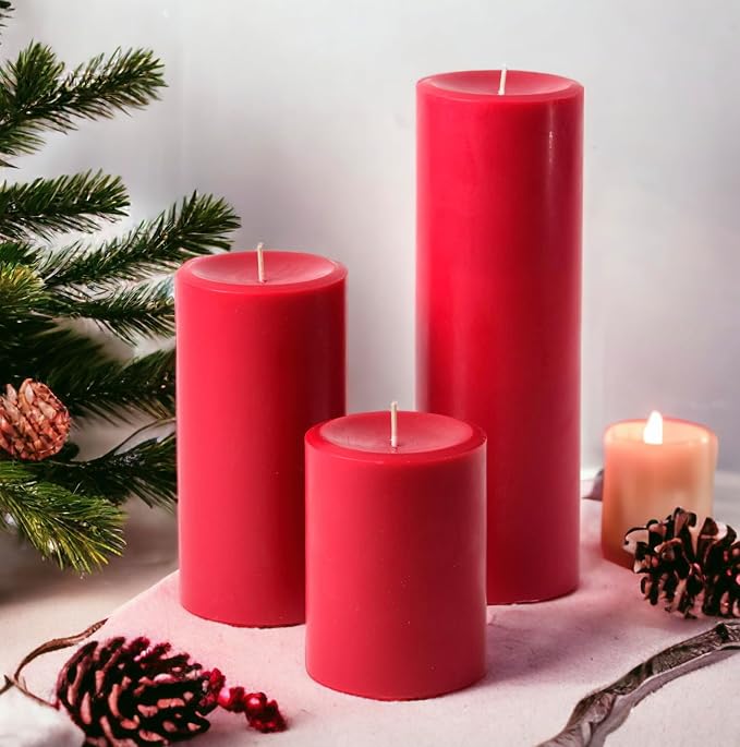Mister Candle Unscented Dripless Red Pillar Candles Set of 3, Hand Poured 3 Inch Candles, Premium Wax, Decorative Pillars, (3" x 4", 3" x 6", and 3" x 9", Red)