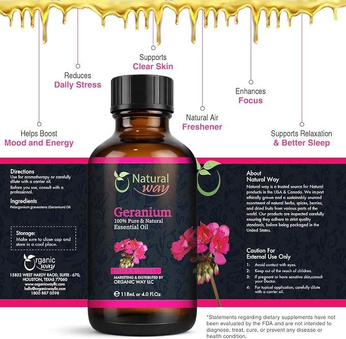Geranium Essential Oil for Diffusers | Natural Aroma Oil for Home Fragrance, Humidifier & DIY Candle Making, Long Lasting Scent for Office, Bedroom & Soothing Scent 4 Fl Oz (120 mL)