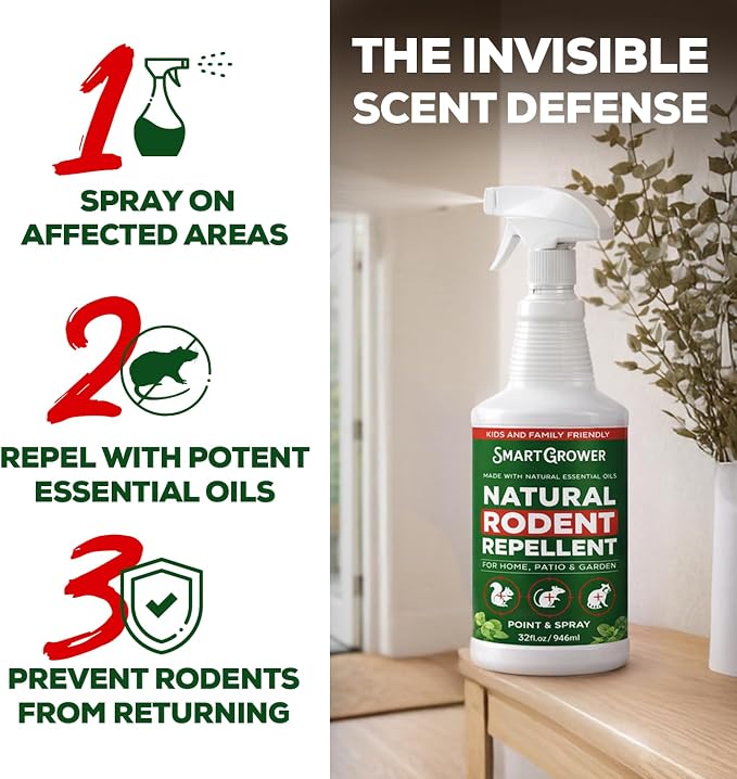 Smart Grower Peppermint Oil Spray for Rodents – Maximum Strength Ready to Use Peppermint Spray for Rodent, Mice, Squirrels – Indoor, Outdoor & Car Engine Protection – 32 oz