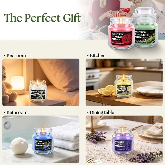 12 Pack Scented Candles Set - 3.5oz Soy Wax Aromatherapy Candles with 6 Fragrances, Long Burning Glass Jar Candles for Home Bedroom Kitchen Bathroom Dining, Gift Set for Women Men