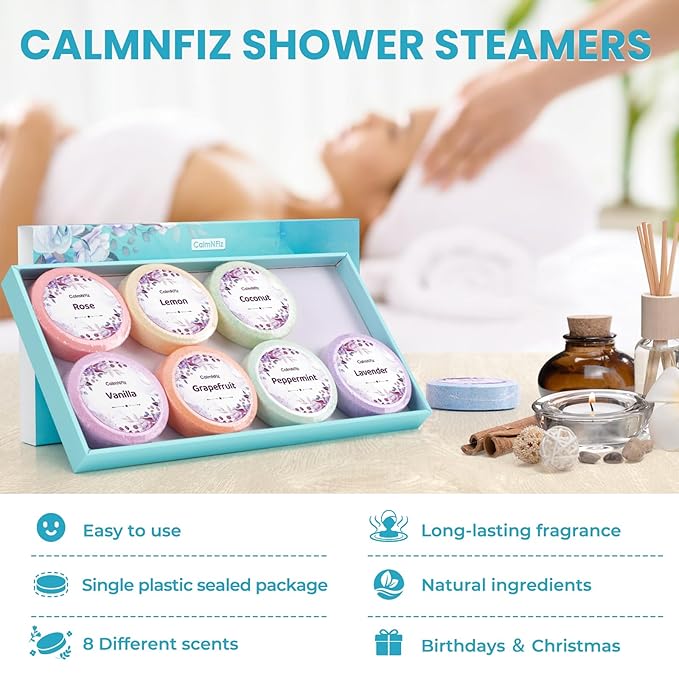 CalmNFiz Shower Steamers 8 Pack Set, Scented Shower Bombs Tablets in Box with 8 Fragrances, Fathers Day Gift for Dad, Self-Care & Relaxation Birthday Gifts for Women & Men, Mom, Wife, Friend