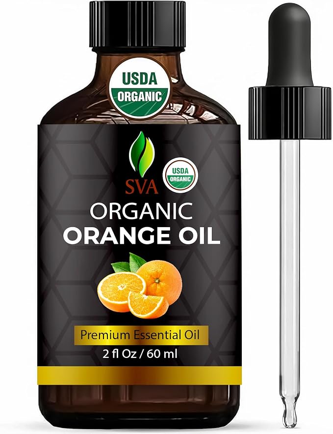 SVA Orange Essential Oil Organic – 2 Fl Oz – 100% Natural Organic Orange Oil - for Diffuser, Hair, Face, Skin Care, Aromatherapy, Scalp and Body Massage, Soap and Candle Making - with Dropper