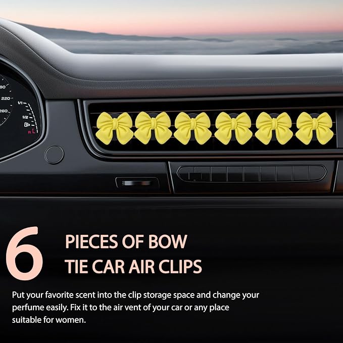 KVAEY 9 PCS Pink Bow Car Air Freshener, Automotive Cute Pink Bow Air Outlet Clips with Scent Pieces, Universal Coquette Car Air Vent Diffuser for Women and Girls (Yellow)