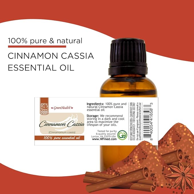 GreenHealth Cinnamon Cassia Essential Oil – 32 fl oz (946 ml) – 100% Pure & Uncut – Steam Distilled – Aluminum Bottle with Plug Cap – Aromatherapy, Soap, Candle Making