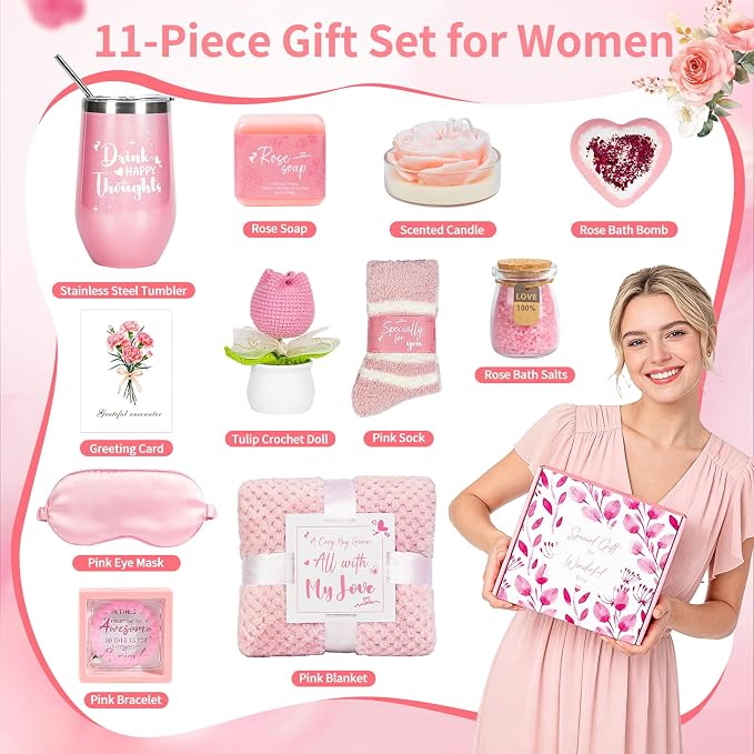 Luxury Mother's Day Gift Set for Women, Rose-Scented Self Care Spa Relaxation Basket Set for Mom, Grandma, Wife, Perfect Gift Set for Women & Thoughtful Mom Gift from Daughter, Son, Family