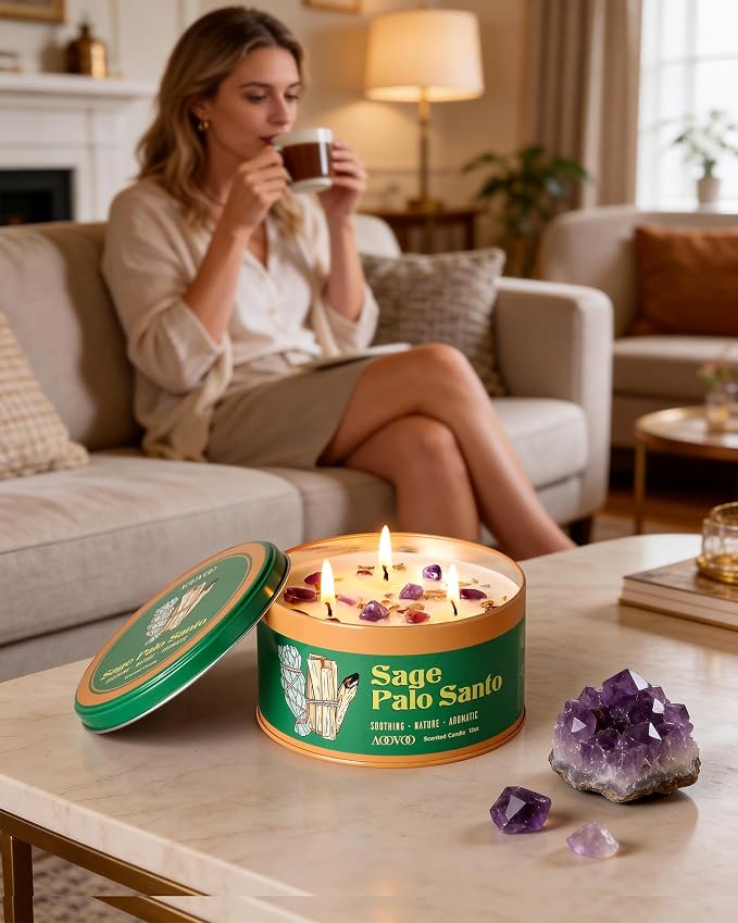 AOOVOO 2 Pack Sage & Palo Santo Candles for Cleansing - 3 Wick 12oz Large Scented Candle with Amethyst Crystals, Sage & Palo Santo Inside, Non-Toxic Soy Candles for Meditation Spiritual Healing Gift