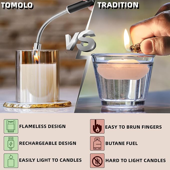 TOMOLO Electric Lighter 2 Pack, Long Flexible Neck Candle Lighter with Safety Switch, Windproof Plasma Flameless USB Rechargeable Lighters for Candles, Grill, Camping & Gas Stove (Black&Silver)
