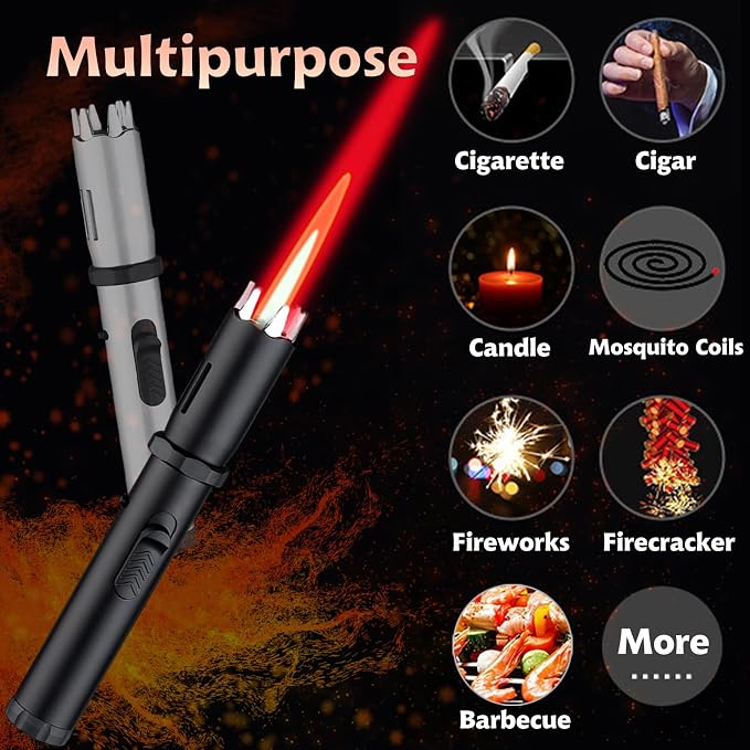 Torch Lighter, Jet Flame Butane Lighter with Safety Lock, Windproof Adjustable Flame Refillable Butanes Cool Lighters for BBQ, Stove, Candle, Kitchen Cooker, Hobs, Men Gifts (Without Butane Gas)-Black