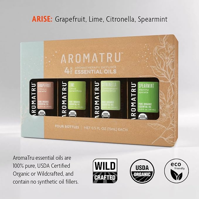 AromaTru Arise Essential Oil Kit – Grapefruit, Lime, Citronella, and Spearmint – Organic & Wildcrafted – ISO Certified – No Synthetic Fillers – Ethically Sourced