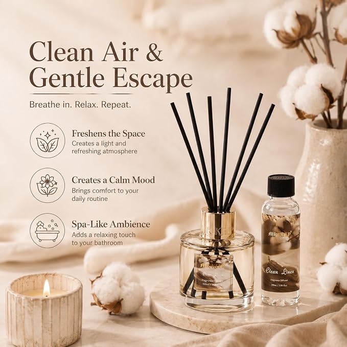 Airkeep Reed Diffuser Set with Refill & 8 Reed Sticks, 6.96 fl oz Clean Linen Home Fragrance, Long Lasting Aromatherapy Diffuser for Bedroom, Bathroom & Living Room