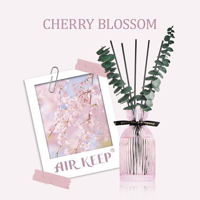 Airkeep Reed Diffuser Set 6.76 oz – Cherry Blossom Decorative Home Fragrance with Eucalyptus Sticks, Ribbed Glass Diffuser for Bathroom & Bedroom Décor, Gift Ready