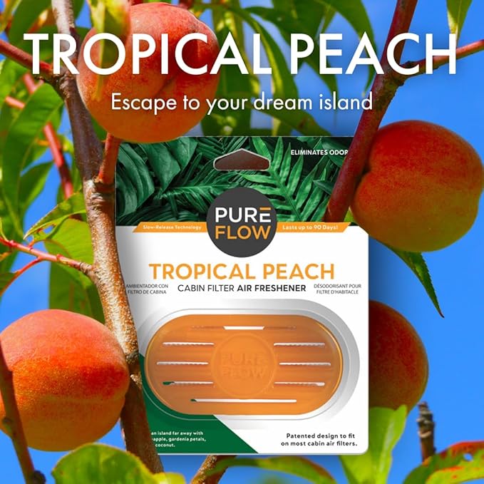 PUREFLOW Cabin Filter Air Freshener with Odor Eliminator – Fits on Most Car, Truck, and SUV Cabin Air Filters - Tropical Peach (2-Pack)