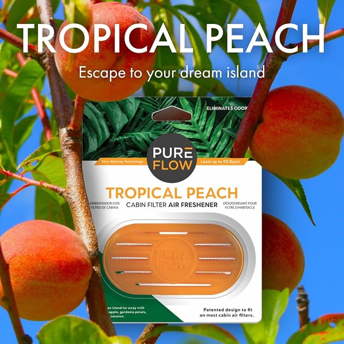 PUREFLOW Cabin Filter Air Freshener with Odor Eliminator – Fits on Most Car, Truck, and SUV Cabin Air Filters - Tropical Peach (1 Pack)