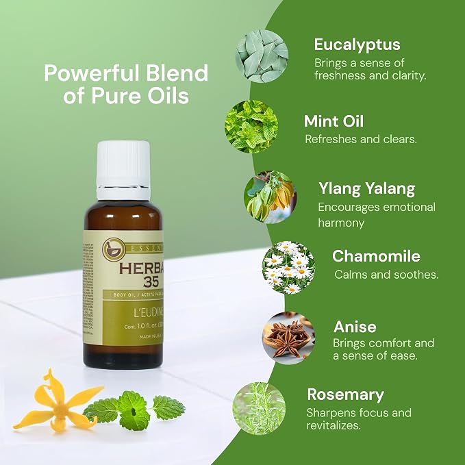 L’EUDINE Herbal 35 Essential Oil Blend - 35 Natural Extracts with Peppermint, Eucalyptus & Lavender - Relaxing Aromatherapy Oil for Diffuser, Massage & Stress Relief - Vegan & Pure Wellness, 1 Fl Oz