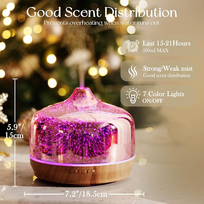 Porseme 500ml Glass Essential Oil Diffuser Aromatherapy Ultrasonic Cool Mist Humidifier 15-21 Running Hours Waterless Auto-Off Air Diffusers for Sleeping Yoga Working Spa(Rose Gold)