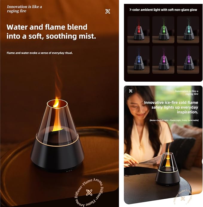 Ultrasonic Aroma Diffuser with Simulated Flame, 150ml, Timer and Auto-Off, LED Ambient Light (Black)