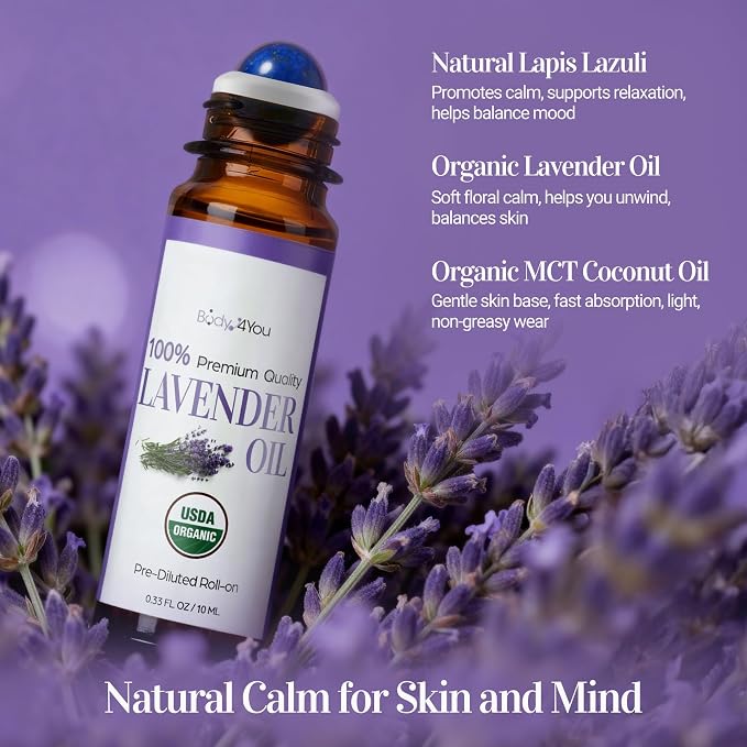 Lavender Essential Oil Roll On for Sleep Anxiety Stress Relief - 100% Pure USDA Organic Pre-Diluted MCT Coconut Oil - Calming Relaxing Bedtime Aromatherapy Yoga - Gemstone Roller 10ml Travel Size