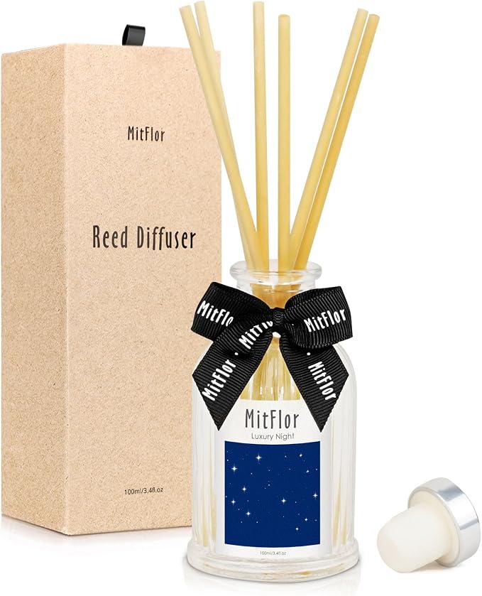 Reed Diffuser, MitFlor Luxury Night Air Freshener Diffuser for Shelf Decor, Hotel Collection Diffuser Oil - Apple, Berry, Jasmine, Musk, Oakmoss - 3.4 fl oz