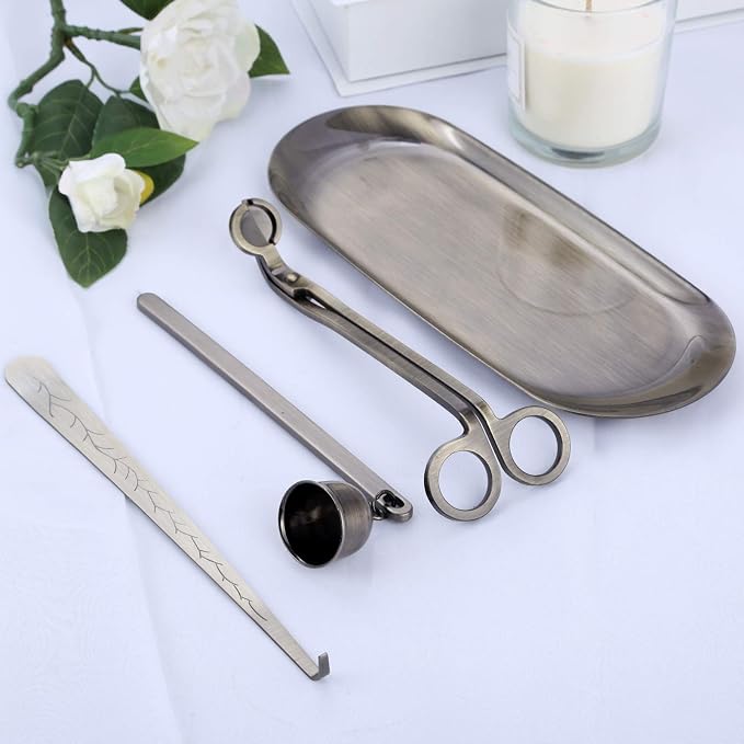 MUXSAM 4 in 1 Candle Accessory Set, Candle Wick Trimmer, Candle Snuffer, Wick Trimmer, Candle Wick Dipper, Storage Tray Plate, Candle Care Tools Gifts for Candle Lovers(Bronze)