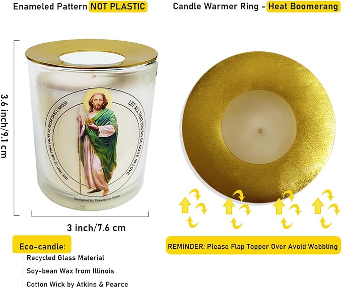 St. Judas Frankincense Sage Scented Candle 50 Hours with Warmer Ring│Hand-Poured Soy Wax│Money Attract, Blessing, Heal Illness, Fix Grades│Design in Paris│3“×3.6”
