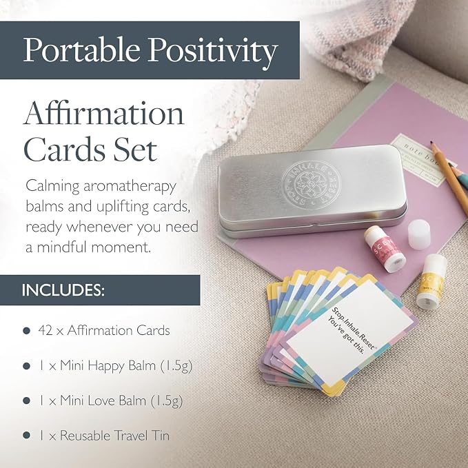 Scentered Gratitude & Affirmation Gift Set – 42 Pocket-Sized Mindfulness Cards with Aromatherapy Balms for Positivity, Mood Boost & Self-Care in Reusable Tin