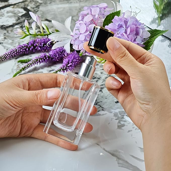 2 Pack 50ml/1.7 Oz Glass Spray Bottle Perfume Atomizer,Empty Travel Refillable Perfume Spray Bottle with 3 Kinds of Dispenser (Black Cap, 50ml)