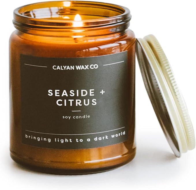 Calyan Wax Co. Seaside & Citrus Scented Candle - 57 Hour Burn - Luxury Clean Soy Wax Candles - Long Lasting Amber Glass Jar Candle for Home - 7.2oz