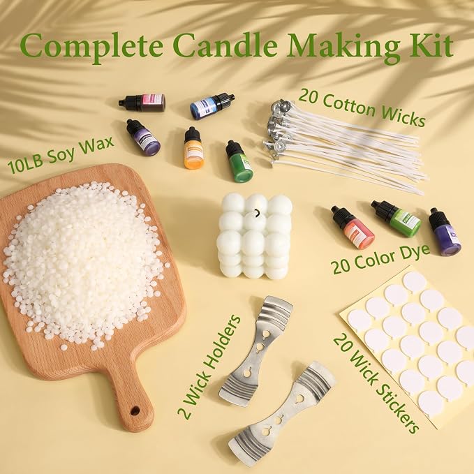 SAEUYVB Soy Wax for Candle Making,10 lbs Natural Soy Wax Pellets with 20 Color Liquid Dye,20 Cotton Wicks,Complete Candle Making Supplies for Adults- Ideal for Home Decoration & DIY Gifts