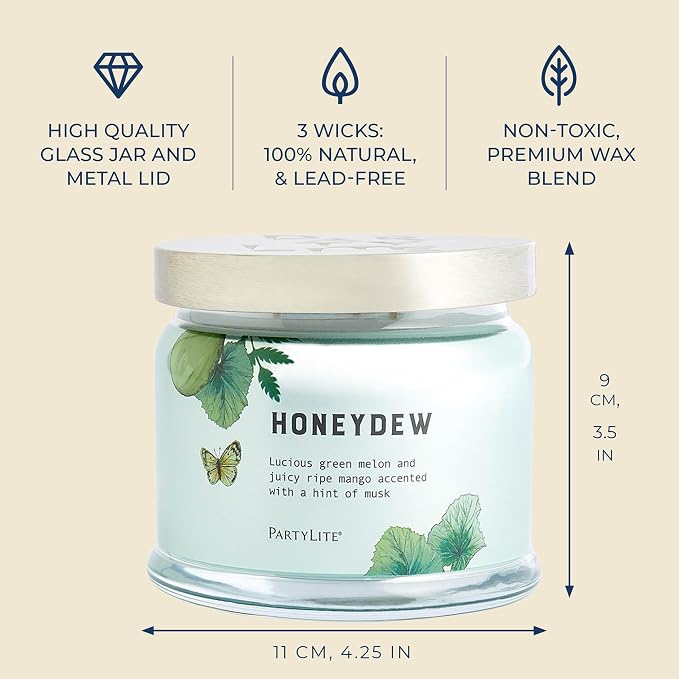 PartyLite Honeydew Scented, Notes of Green Melon, Juicy Ripe Mango and a Hint of Musk, 13.2oz 3-Wick Jar Candle, 45 Hour Burn Time, Luxurious Fragrance, Ideal for Gifting