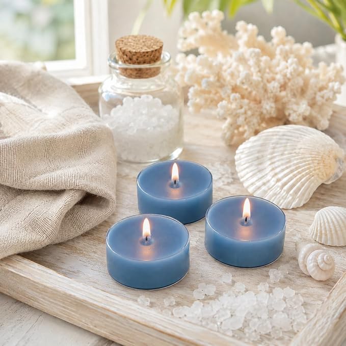 Ocean Sea Salt Scented Tealight Candles, Blue Scent Tea Lights Candles Clear Cup, 24 Pack Colored Tealights Candle, 6 Hour Burn Time Tea Candles for Party, Decor, Spa, Shabbat