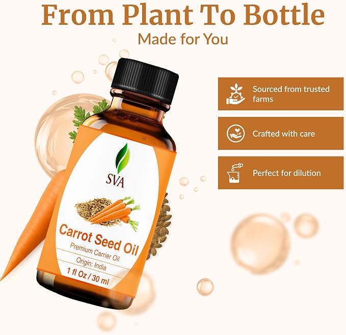 SVA Carrot Seed Oil - 1 Fl Oz - for Face, Skin Care, Hair Care, Scalp Massage & Body Massage – Carrier Oil with Dropper