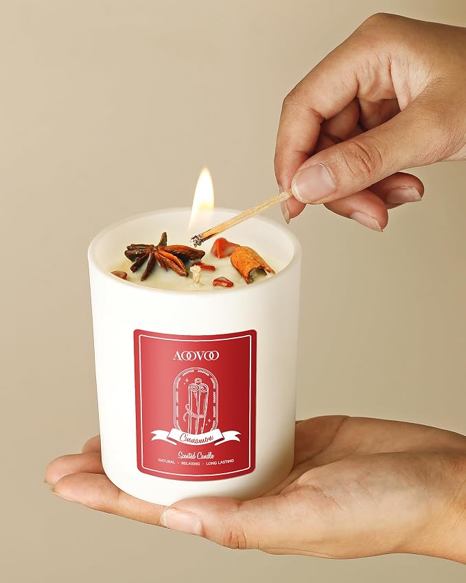 AOOVOO Apple Cinnamon Scented Candles for Women - Aromatherapy Candle with Crystals Inside, 10oz Soy Candles for Home Scented, Birthday Gifts Valentines Day Candle for Women Mom