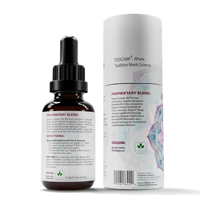 TODICAMP Anxiolytic Navel Patch & Skin Application Calming Essential Oil Blend for Relief & Relaxation - Bergamot Orange Ylang Ylang Frankincense Lemongrass in Castor Oil - 0.34oz