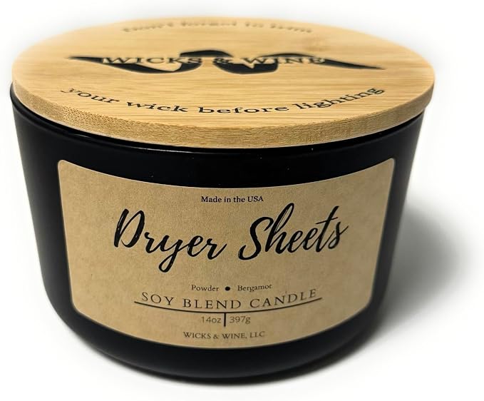 Wicks & Wine Soy Blend 3-Wick Cotton CORE Candle 14oz (Dryer Sheets)
