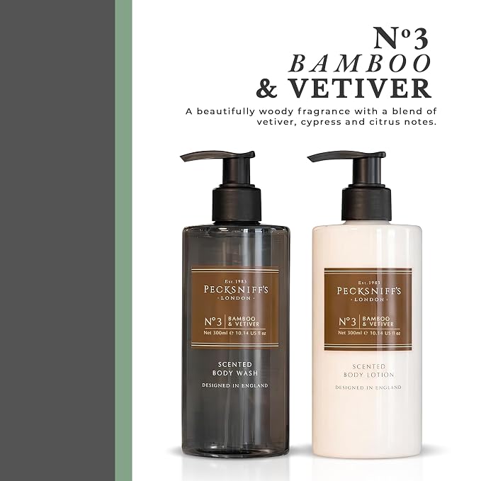 Pecksniffs Mens Bathing Duo Collection – Bamboo & Vetiver Scented Body Wash and Body Lotion Gift Set, 2 x 250ml