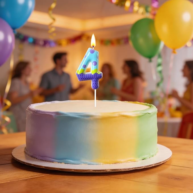 Number 4 Birthday Candle for Cake – Colorful Polka Dot & Patchwork Design – Fun Cake Topper Decoration for Birthday Celebration