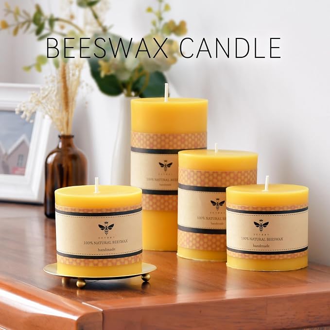 DEYBBY 3x3 inch Natural Beeswax Pillar Candle Set of 4 for Women Gift, Smokeless Dripless Pure Organic Beeswax Candles with Natural Scent for Blackout Home Decoration Bath Relaxation（Yellow）