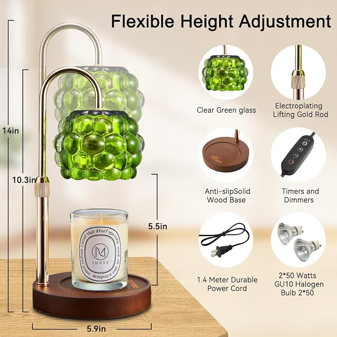 Candle Warmer Lamp with Timer Adjustable - Height Candle Warmer, Dimmer, Vintage Glass Wax Melting Lamps for Home Decor, for Candles in Jars with 2 Bulbs