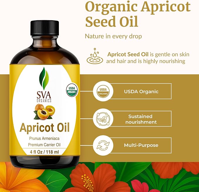 SVA Apricot Seed Oil Organic - 4 Fl Oz – 100% Natural Cold Pressed Organic Apricot Oil - for Face, Skin Care, Hair Care, Scalp Massage & Body Massage – Carrier Oil with Dropper