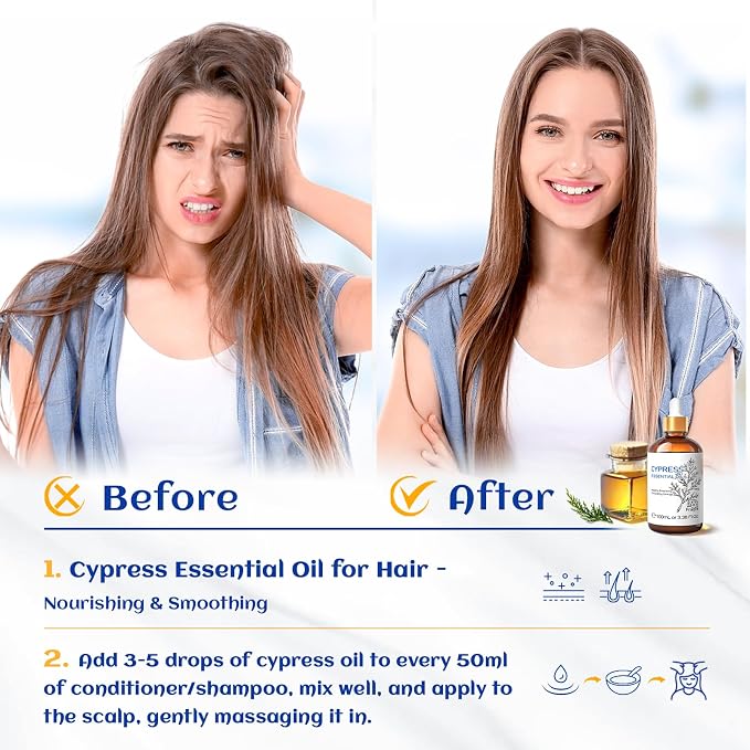HIQILI 100ML Cypress Essential Oil for Diffuser, Skin Care, Includes 10ML Travel Bottle - 3.38 Fl Oz