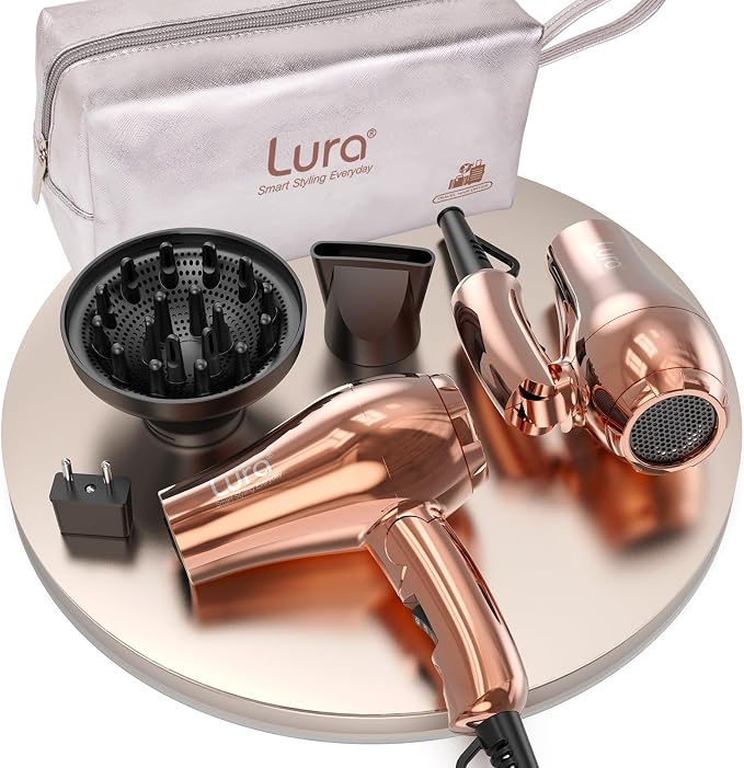LURA Auto Dual Voltage Travel Hair Dryer with Diffuser,Travel Blow Dryer Mini with EU Plug and UK Plug,Lightweight Portable Hairdryers with Folding Handle,1200W Compact Small Blowdryers for Women
