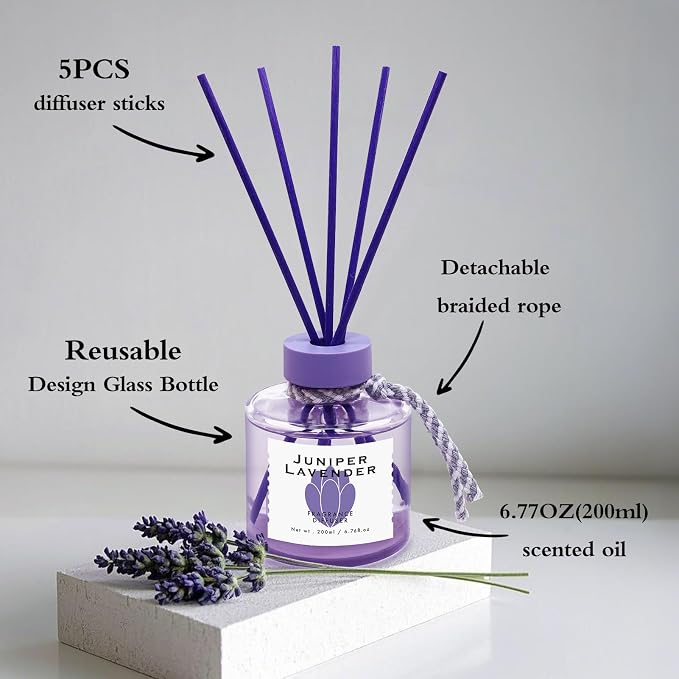 Juniper Lavender Reed Diffuser, 6.77OZ/200ML Large Capacity Natural Non-Toxic Oil, Long-Lasting Fragrance Reed Diffusers Set for Home and Bathroom, Aroma with 5 Reed Diffuser Sticks