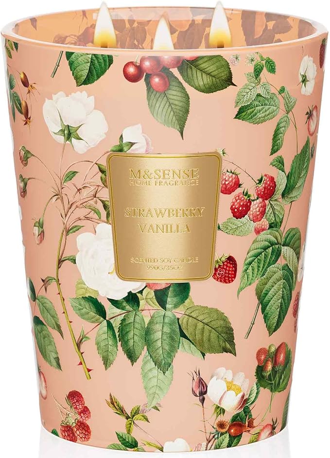 M&SENSE Strawberry Vanilla Soy Large Candles, 3-Wick 35oz 150H Long Lasting, Sweet Fruity Romantic Scent, Gift for Women