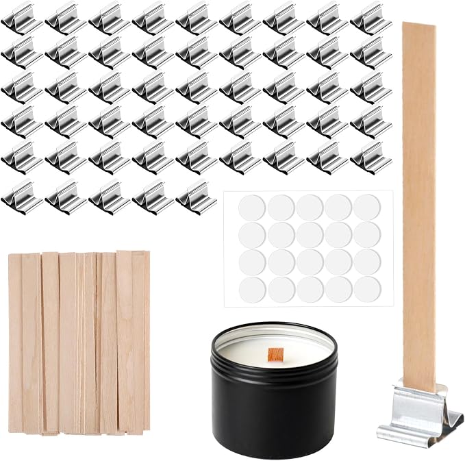 Nogeqi 150pcs Wooden Candle Wick for Candlemaking, Thicked Wooden Wicks Crackling Wood Wick Includes Metal Fasteners, Adhesive Dot for SoyWax, DIY Candle, Paraffin, Beeswax (50 Sets)