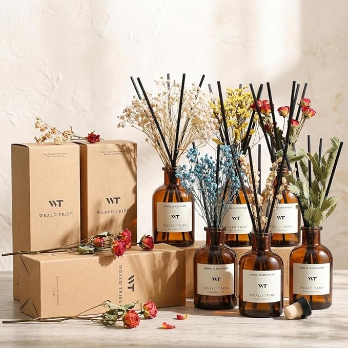 WEALD TRIBE Flower Reed Diffuser Set Cashmere Vanilla Scent for Bathroom Air Fresheners | 4.0 fl oz Essential Oils with Sticks Home Fragrance Defusers | House Bedroom Office Shelf Decor & Gift