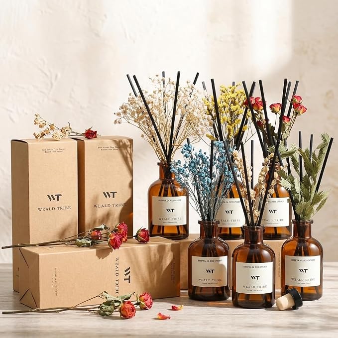 WEALD TRIBE Bamboo Scent Flower Reed Diffuser Set for Bathroom Air Fresheners, Oil Diffuser Sticks | 4.0 fl oz Home Fragrance with Sticks Defusers | House Bedroom Office Shelf Decor