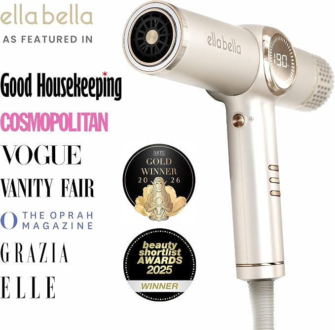 ELLA BELLA® Professional Ionic Hair Dryer with Diffuser • Negative Ion Blow Dryer • Suitable All Hair Types • Intelligent Heat Control & Rapid Drying Speeds • Lightweight Design • Low Noise Technology
