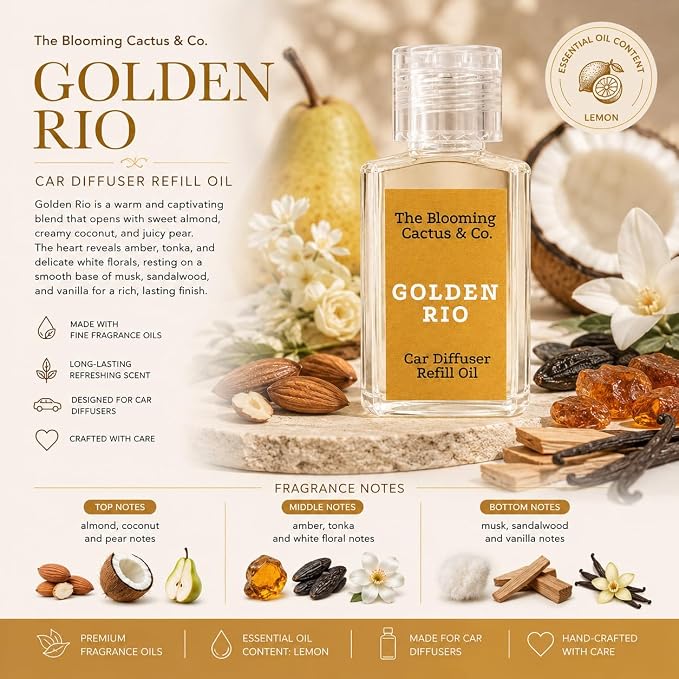 Car Diffuser Oil Refill 1 oz – Essential Oil Car Air Freshener Refill for Hanging Car Diffuser, Long Lasting Fragrance Oil, Phthalate Free, Multiple Scents. (Golden Rio)
