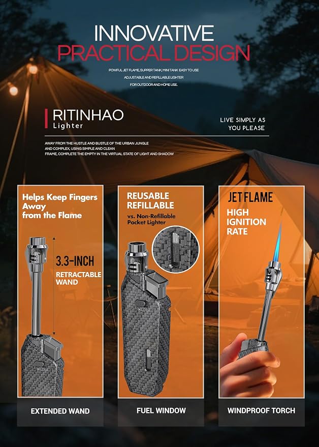 Butane Torch Lighter Jet Flame, Windproof Torch Lighter Refillable, Adjustable Butane Lighters for Candle Fireplace Camping BBQ Lighters Gift for Man Women, with Extended Tip, 2 Pack (Without Fuel)